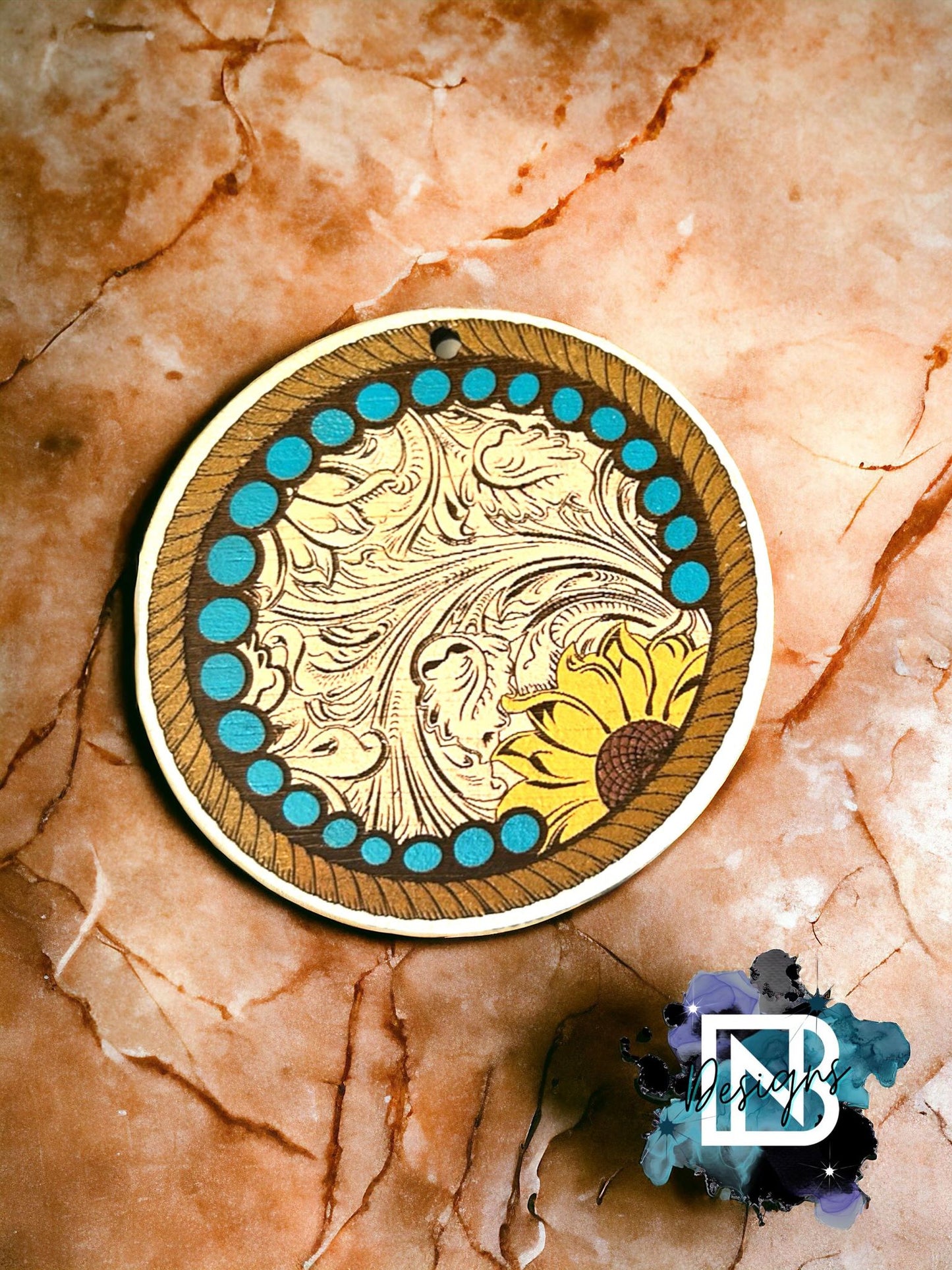 Tooled Leather and Sunflower Round Car Charm