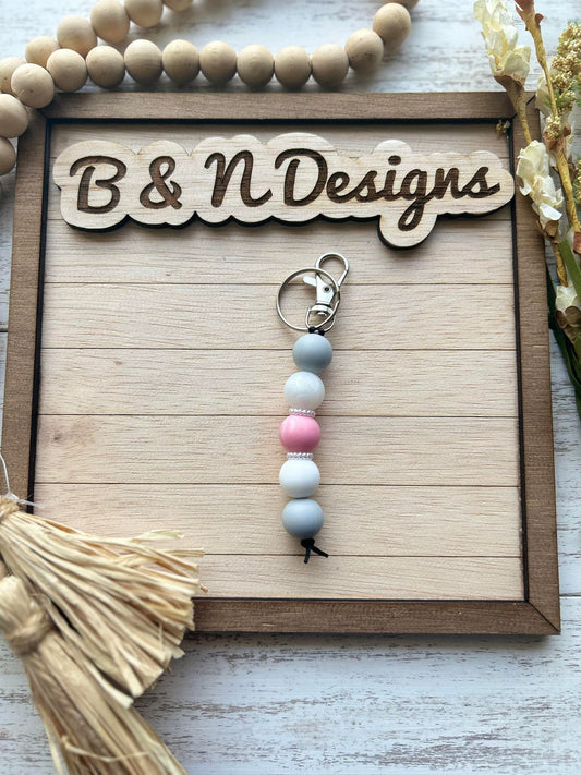 Grey Pink and White Metallic Keychain