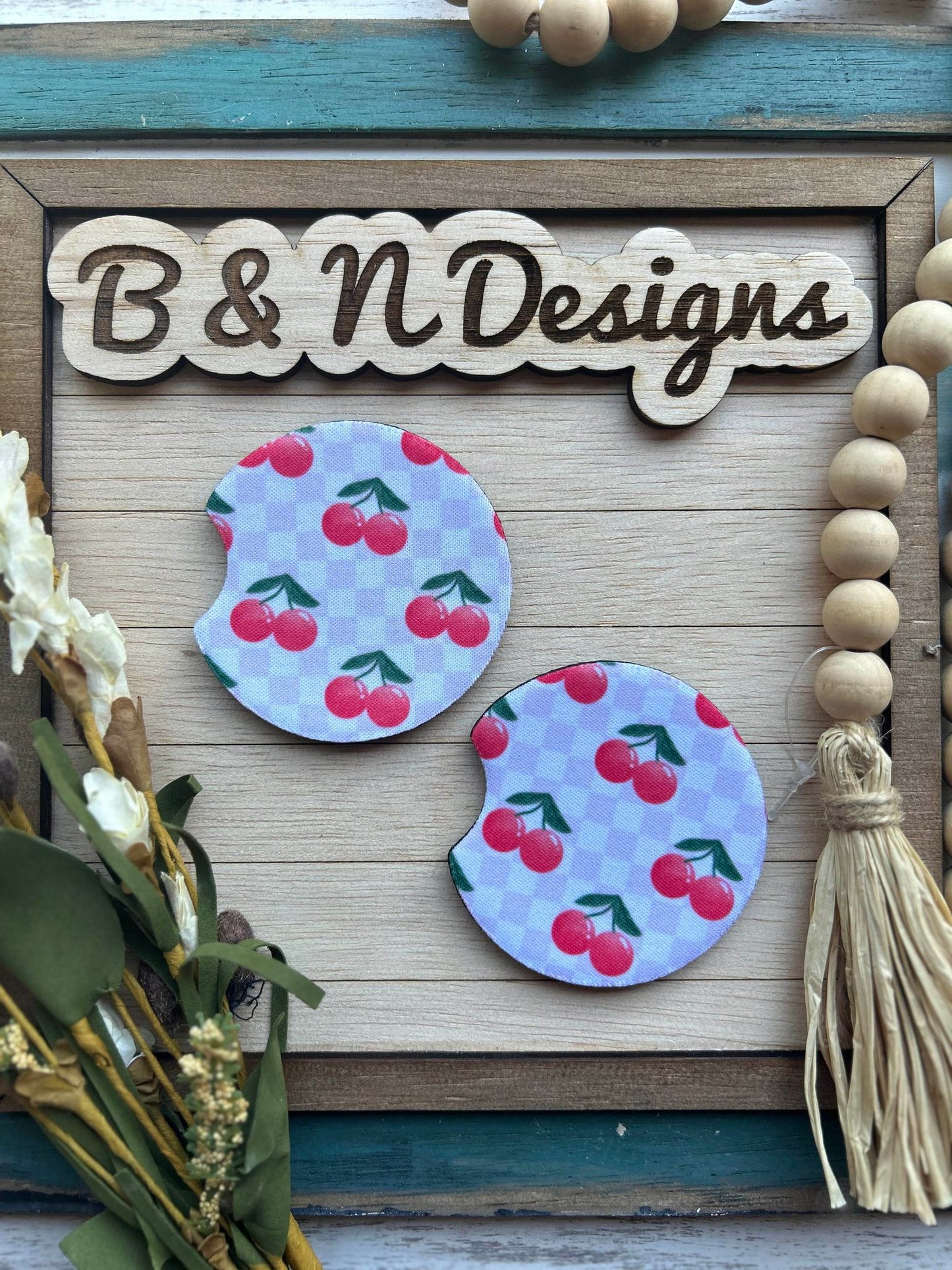 Cherry Cherecked Pink Car Coasters