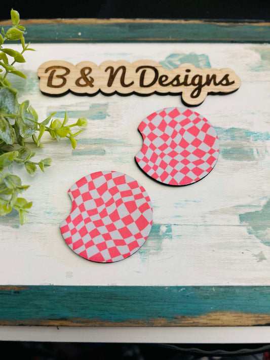 pink retro check Car Coaster